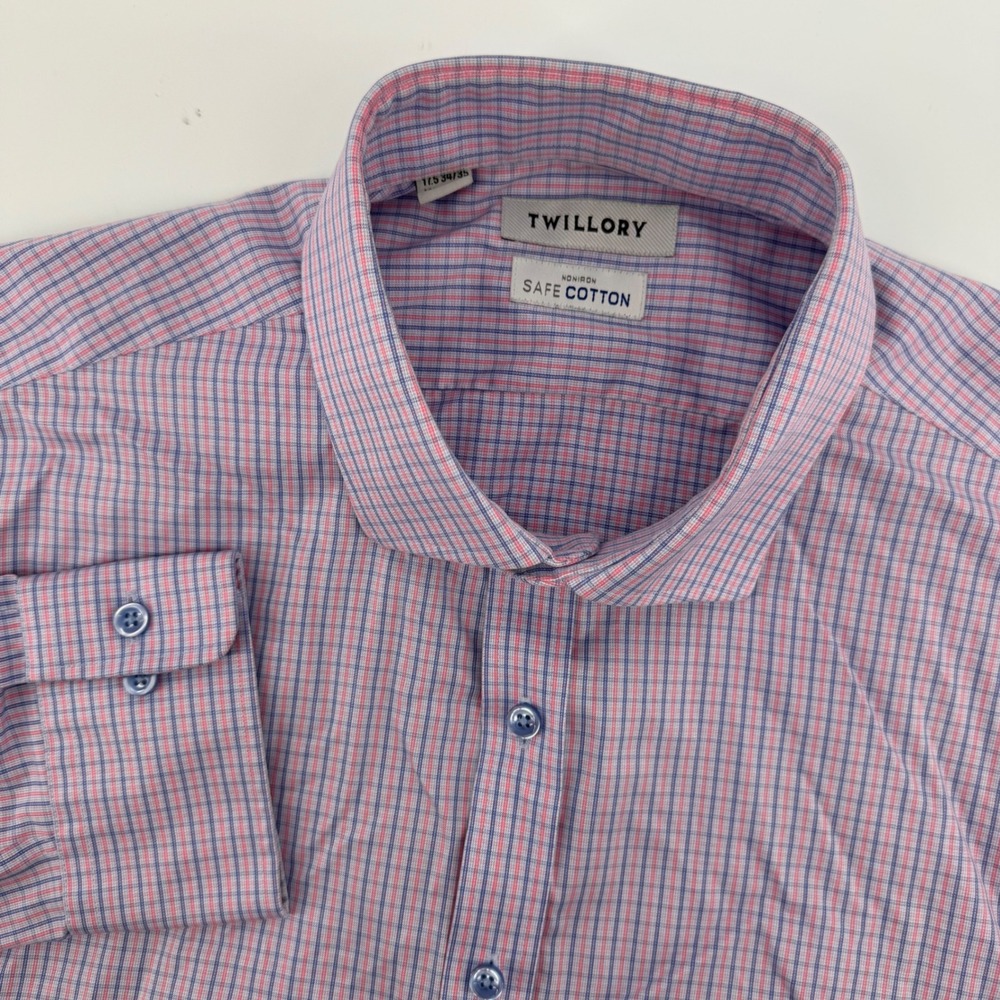 Twillory Dress Shirt Mens 17.5 34/35 Blue Pink Tailored Fit Non-Iron Safe Cotton